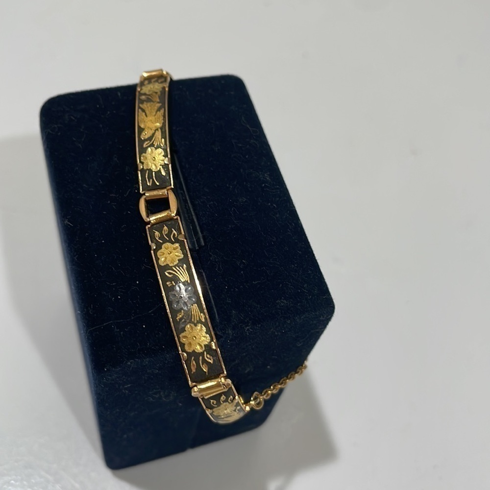Vintage Damascene Bird and Flower Panel Link Bracelet—Beautiful!  Excellent Con.